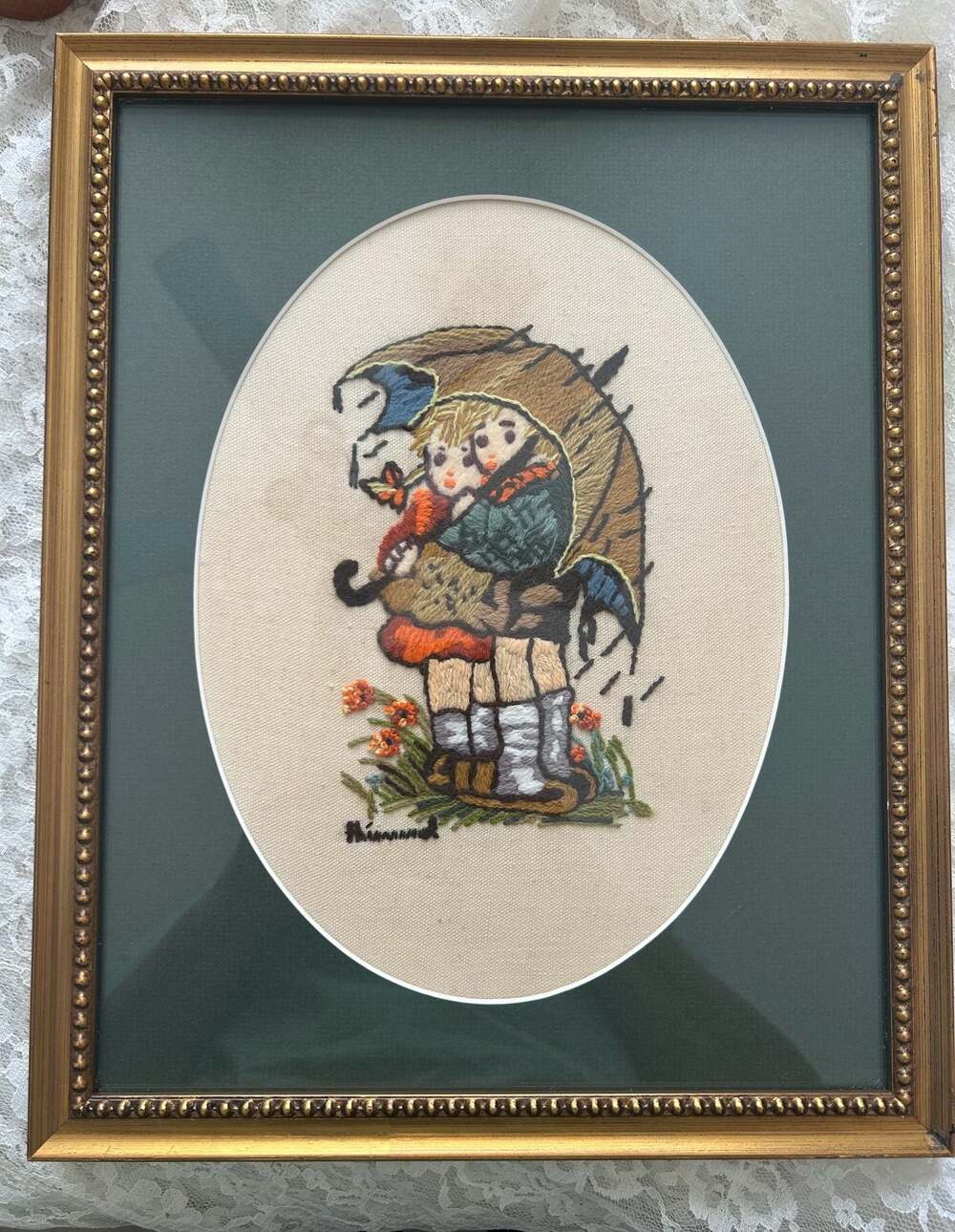 Vintage Hummel Umbrella Children Framed Crewel Embroidery Needlework 13x10